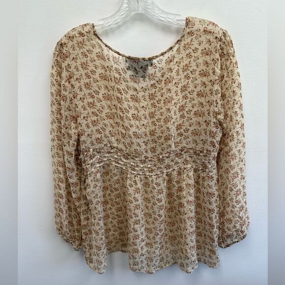 Tess Studio 100% Silk Tan Floral Sheer Long Sleeve Sheer Boho Blouse Size S/M - Picture 14 of 14